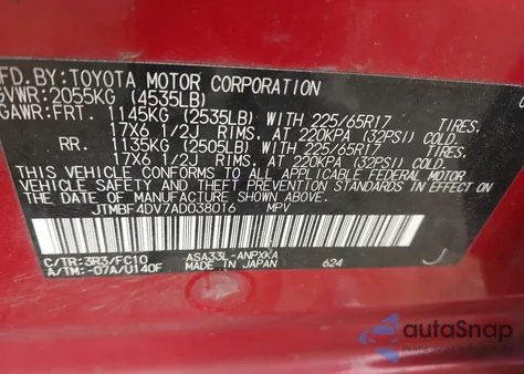 2010 Toyota Rav4 z USA, uszkodzony, nr VIN JTMBF4DV7AD038016